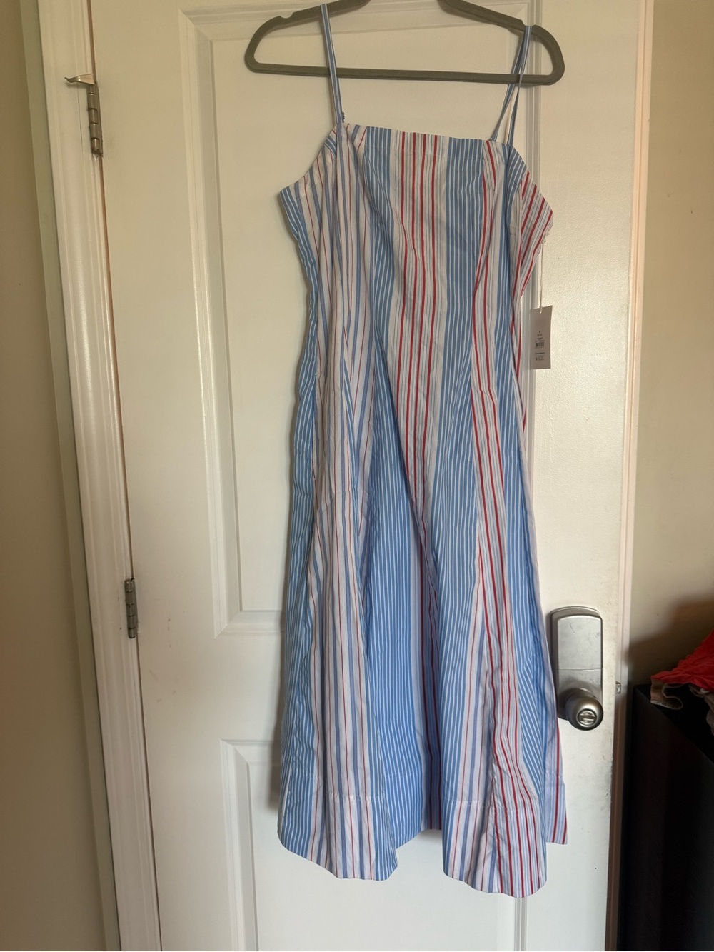 Free Assembly Blue & White Striped Spaghetti Strap Midi Dress with Red Accents - Picture 12 of 13